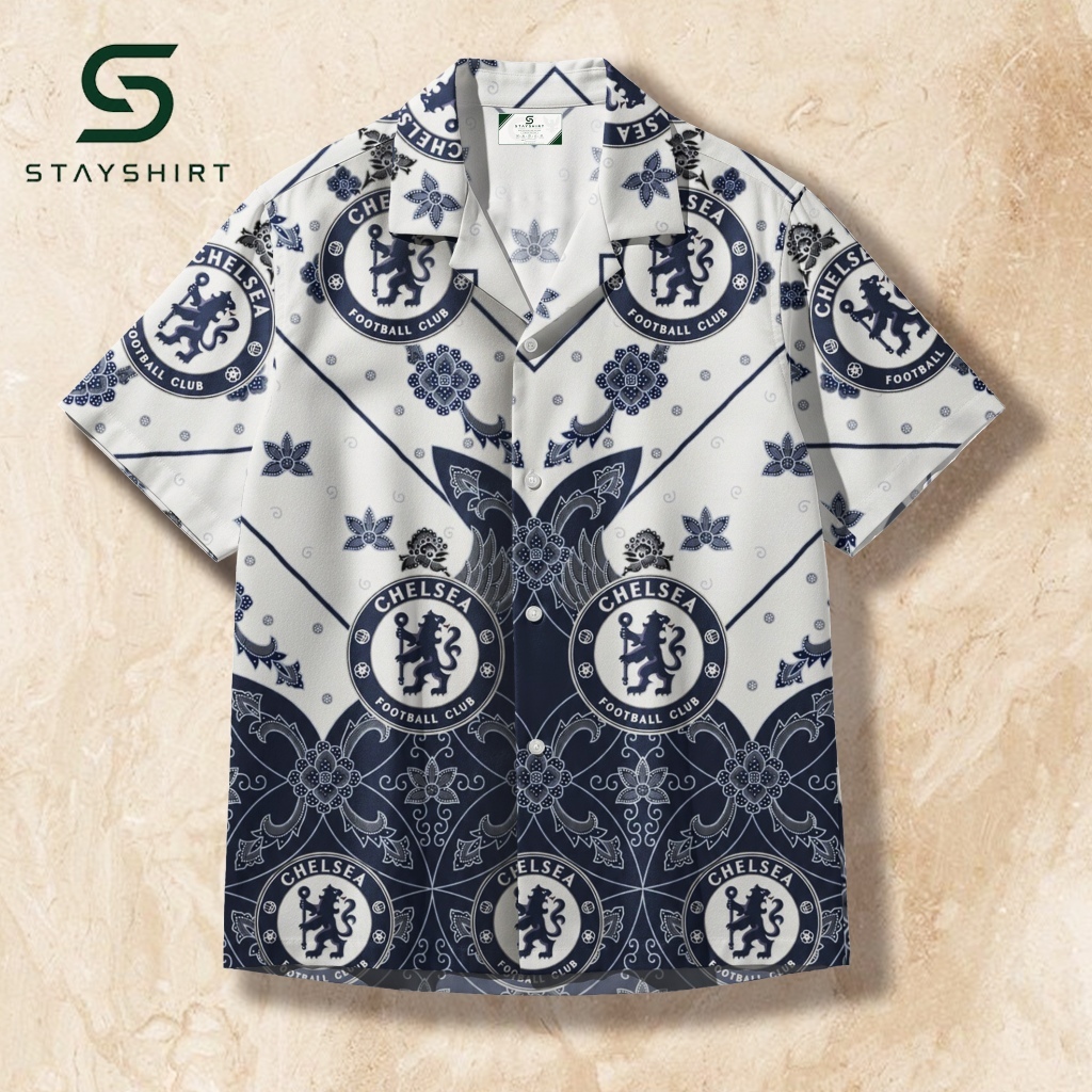 STAYSHIRT Kemeja Motif Batik Chelsea FC Logo Sepak Bola Navy Putih Distro Kemeja Premium Adem - STY5