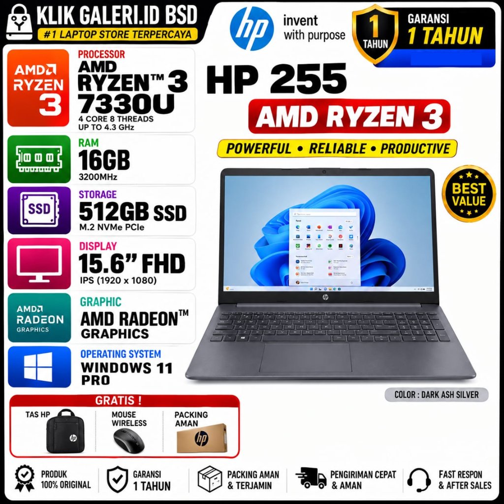 LAPTOP HP 255 AMD RYZEN 3 7330U 16GB 512GB 15.6 FHD IPS WIN11PRO