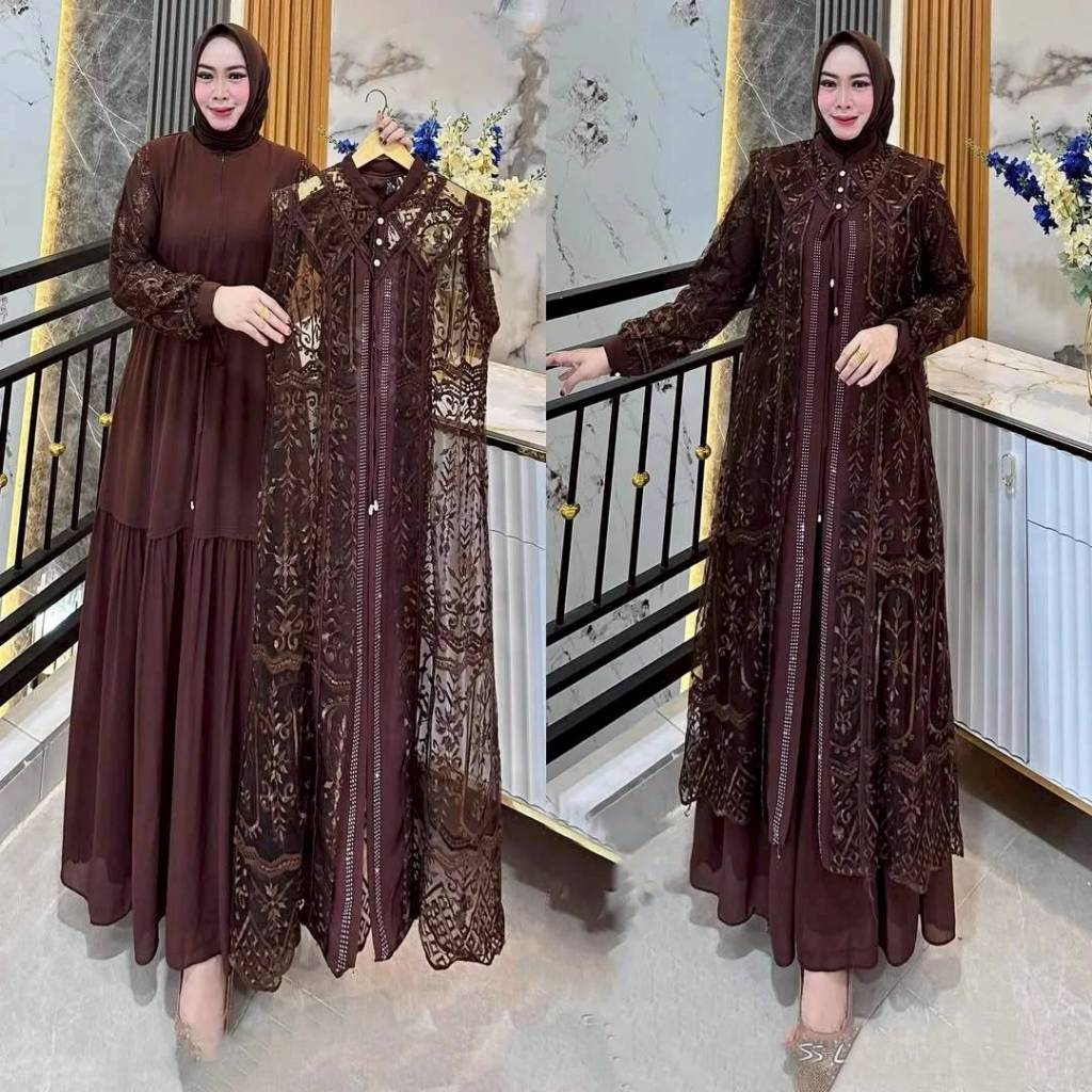 Gamis Selena Dress syar'i wanita dengan jilbab warna cokelat, set gaun panjang motif brokat renda