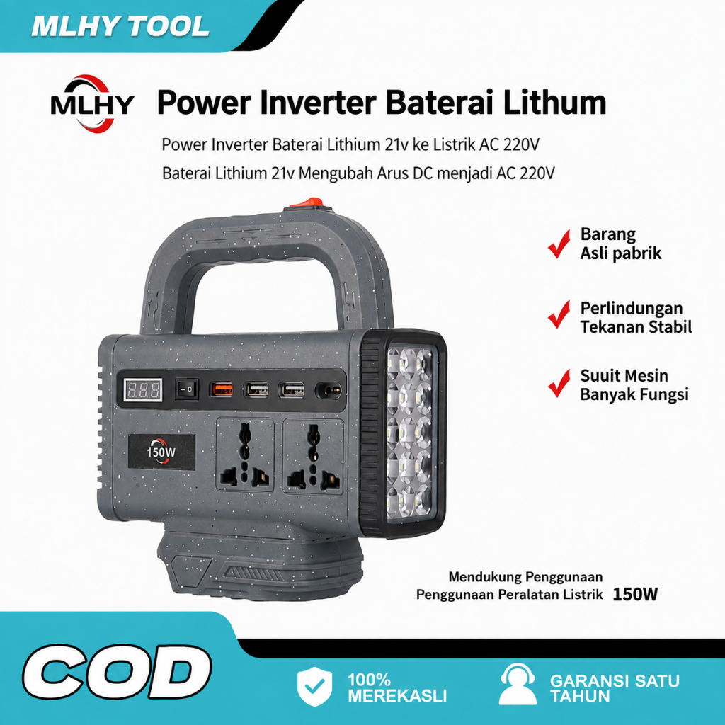 MLHY Inverter Portabel 150W DC21V AC220V, ada lampu LED darurat Mini Smart Inverter 3 Port USB, Deng