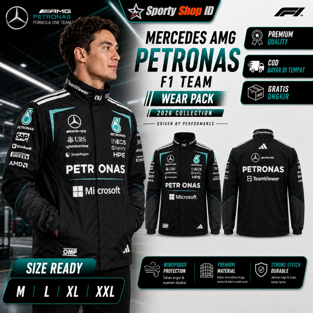 JAKET MERCEDES F1 AMG PETRONAS 2026 2027 TEAM RACING FORMULA ONE WINDBREAKER WATERPROOF UNISEX