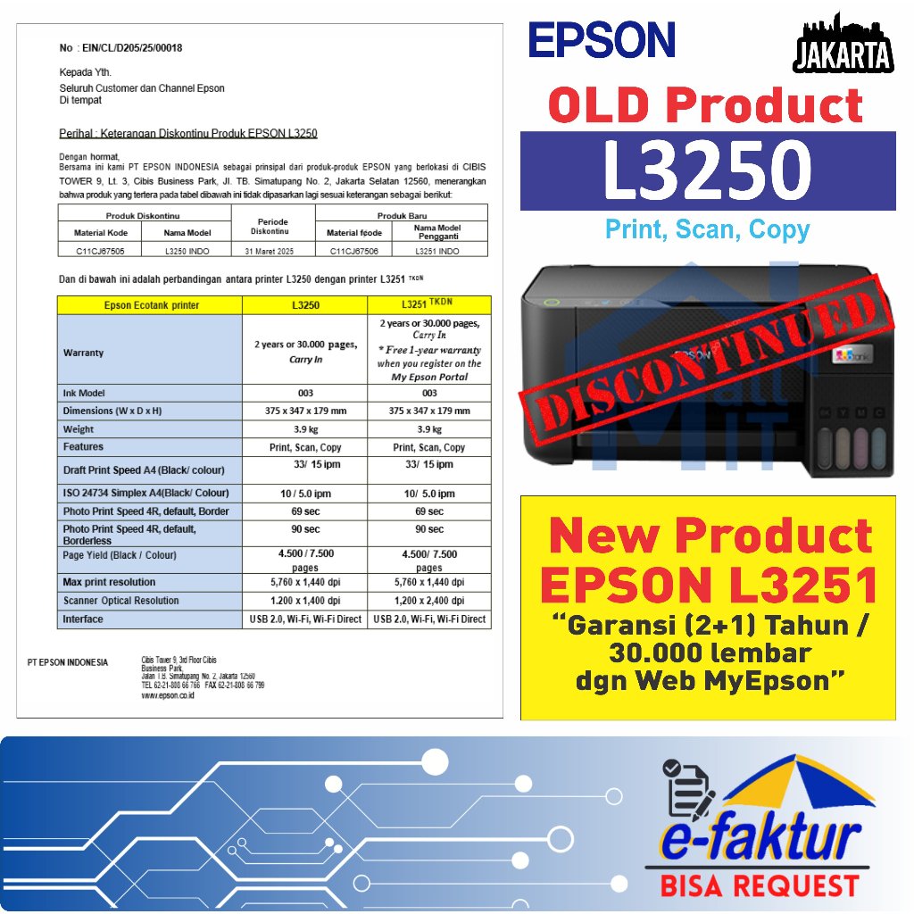 MALLIT EPSON Printer epson L3251 L-3251 L 3251 Pengganti L3250 L-3250 L3150 WiFi Wireless Print Scan