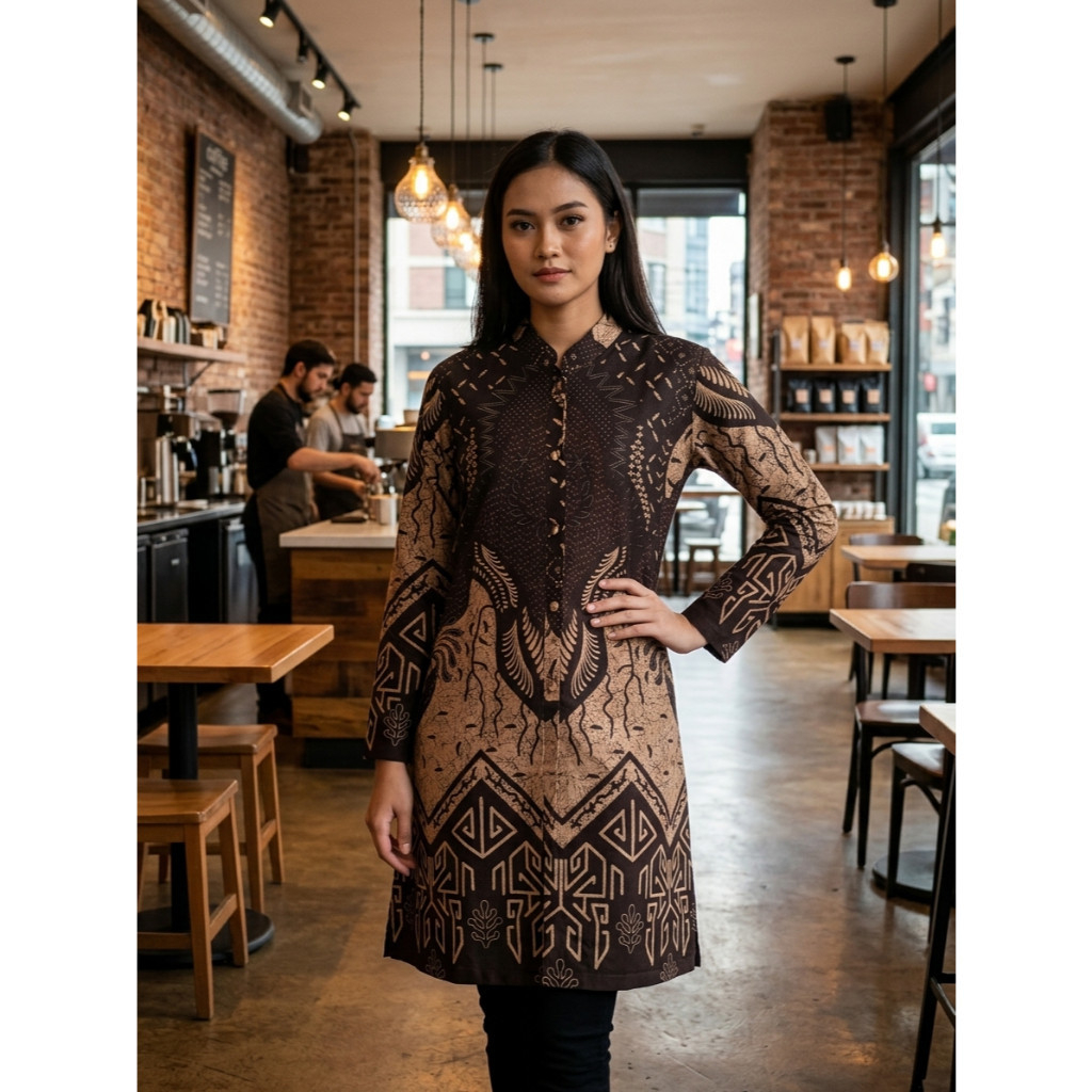 Sekar Mahardika Model Tunik Warna Coklat Mahogany Kombinasi Hitam Bahan Dobby
