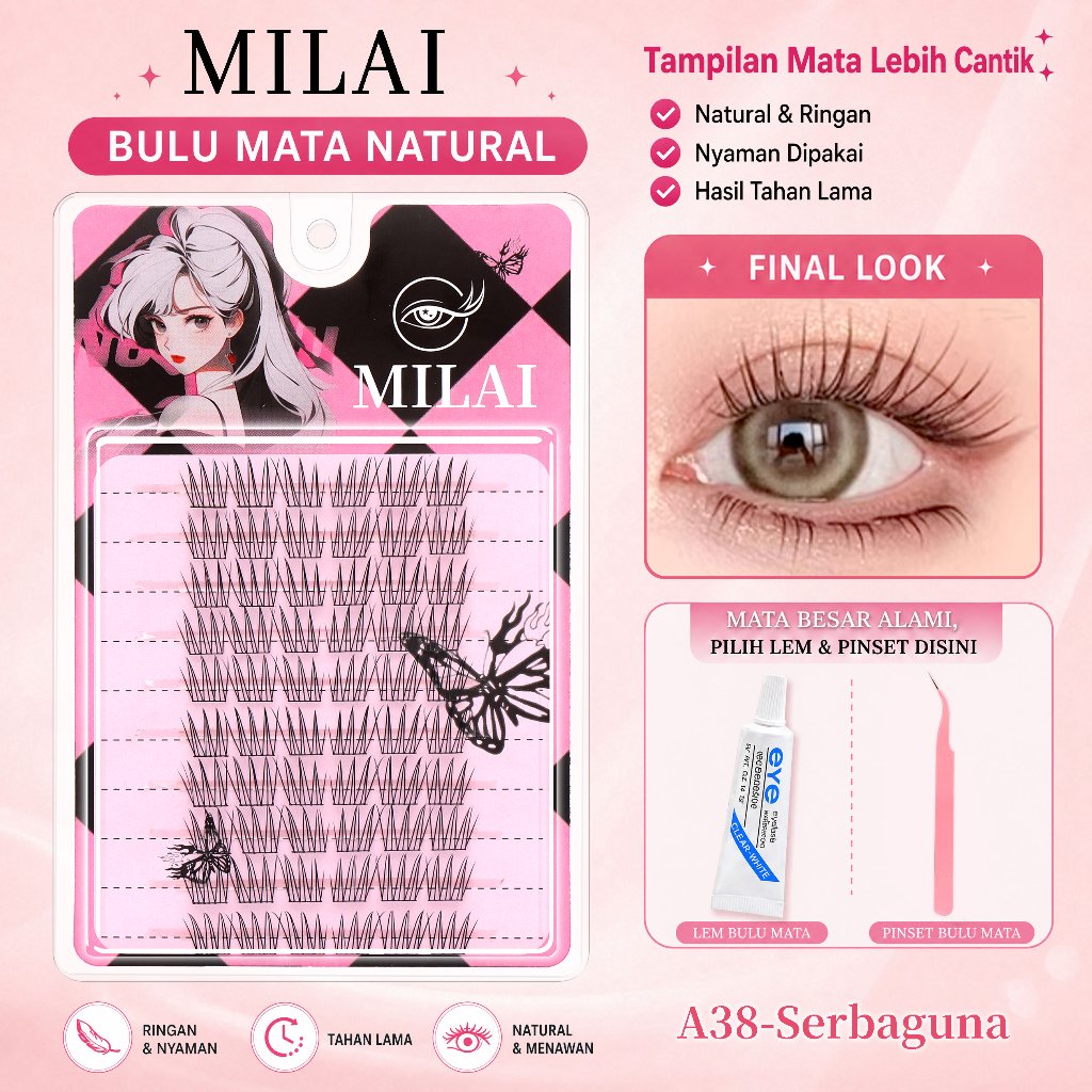MILAI A38 Bulumata Palsu Crown Style Korean Look Serat Kapas 8-13mm Desain Eksklusif Teknologi 3D Ku