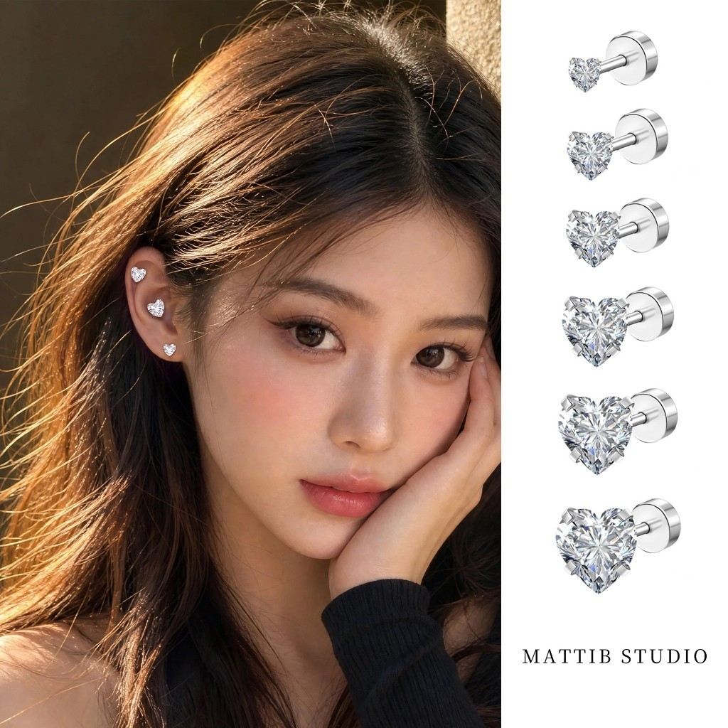 MATTIB Anting Tindik Hati Zirkon Titanium Medis Anti Karat Anti Alergi Fashion Korea untuk Wanita Pi