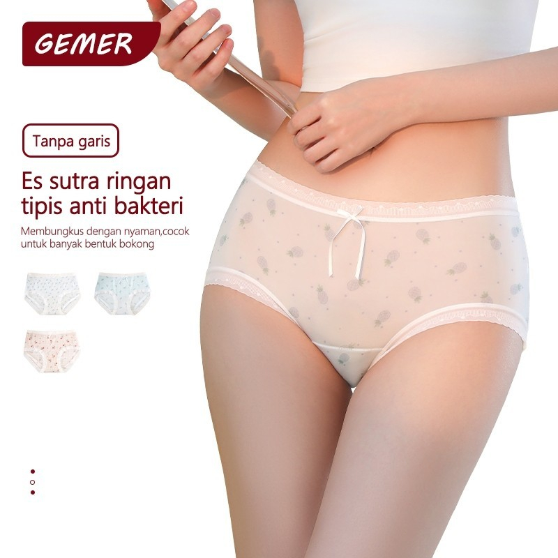 GEMER [3Pcs Set] CD Celana Dalam Wanita Sutra Es Tipis Dingin Renda Motif Bunga Imut Elastis Tinggi 