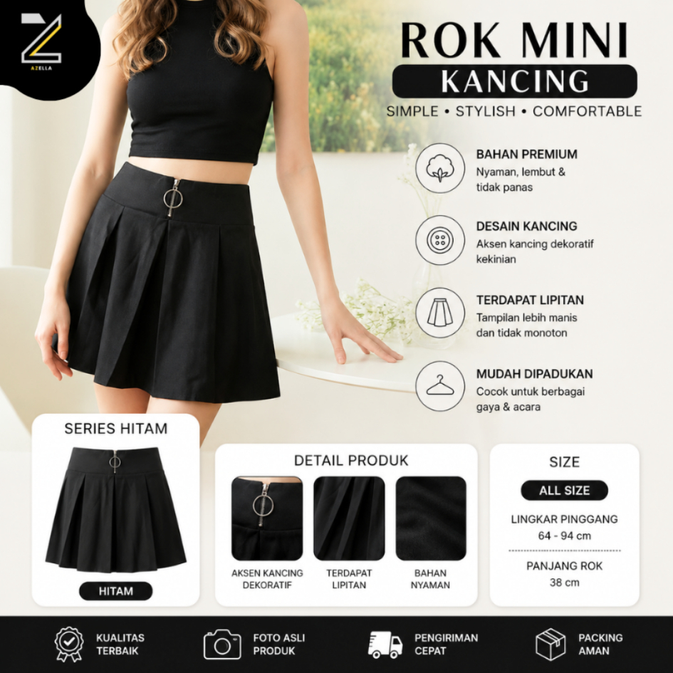 AZELLA Rok Mini Wanita Hitam Rok High Waist Mini Skort Korea Fashion Casual