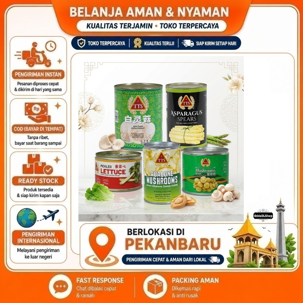 TTS Jamur Bailing, Acar Sayur Selada, Asparagus Spears Cuts, Champignons Mushrooms, & Jamur Bailing