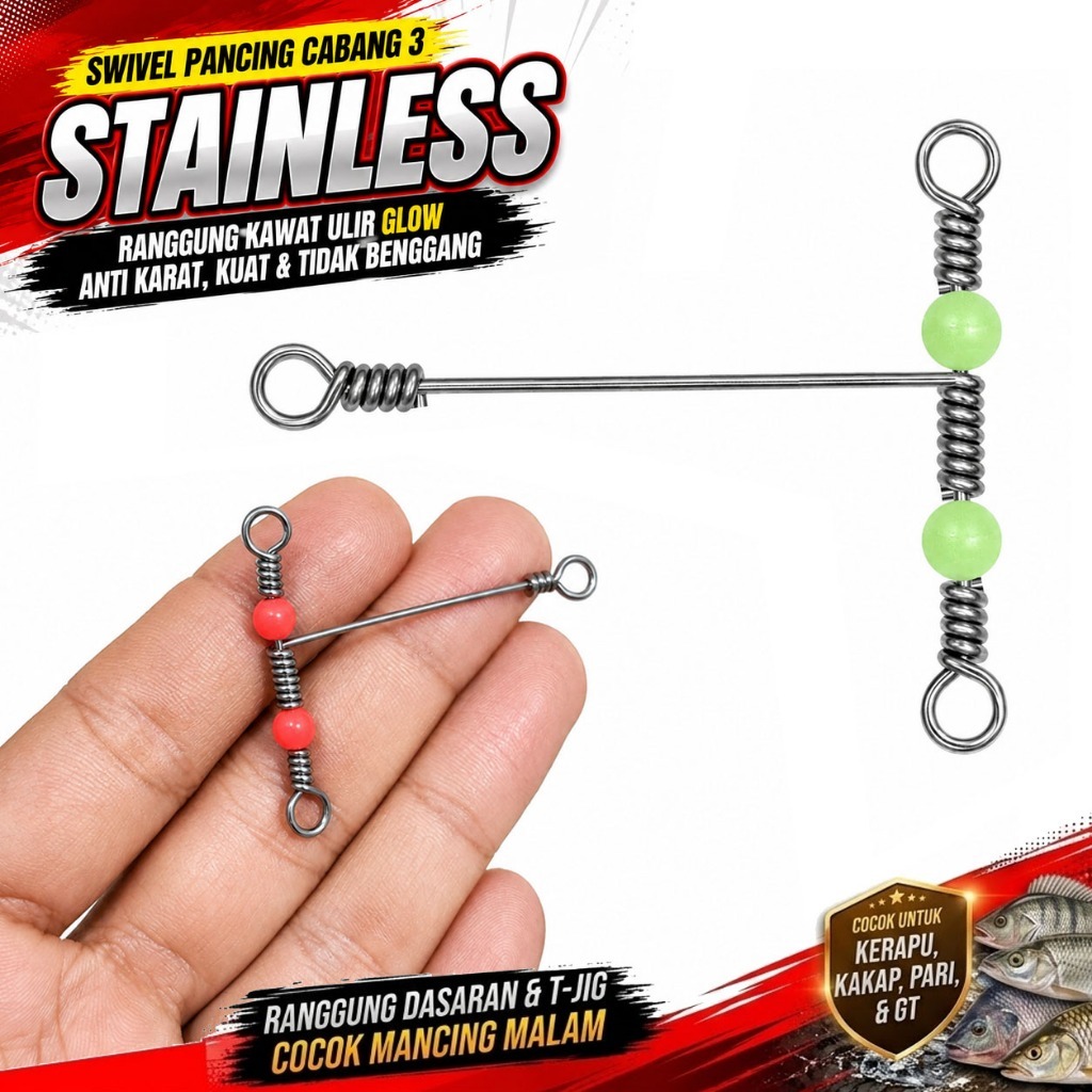 Swivel Pancing Cabang 3 Stainless – Ranggung Kawat Ulir Glow Anti Karat, Kuat & Tidak Benggang