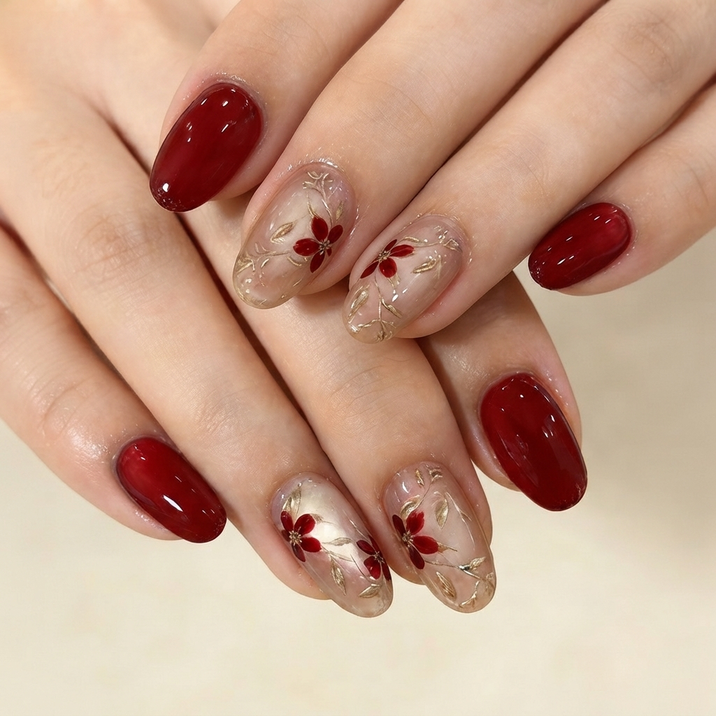 Kuku Palsu Mahogany Cantik Almond Oval Cat Eye Maroon Putih Emas Ungu Jambu Mewah Gratis Lem