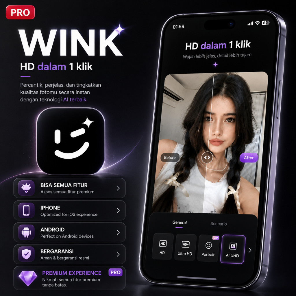 Wink VIP Pro 1 Bulan iOS Android - Aplikasi Penjernih Foto Video AI Enhancer Ultra HD 4K Retouch Waj