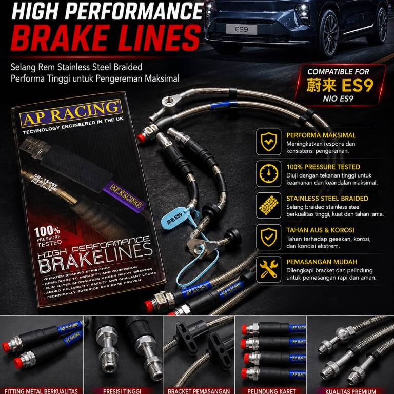 AP Racing High Performance Brake Lines untuk NIO ES9 Selang Rem Stainless Steel Braided