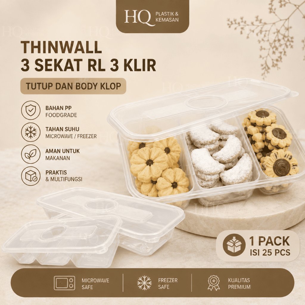 Thinwall Bento Sekat 3 | Thinwall Persegi Sekat 3 RL3 Klir | Thinwall Bento 750ml pack isi 25