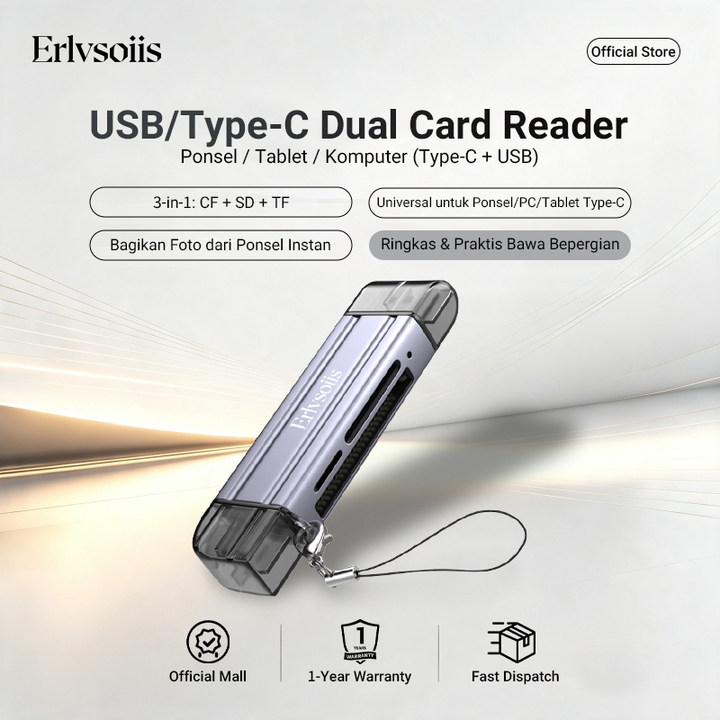 Erlvsoiis Card Reader CF/SD/TF 3-in-1 – Multi Fungsi, Kecil & Elegan, Kompatibel dengan HP Type-C, K