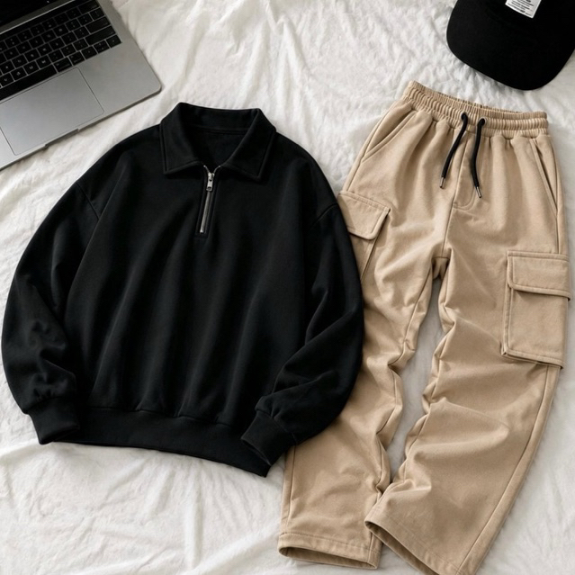 SETELAN POLO ZIPPER PREMIUM CELANA BAGGY BEIGE 260GSM PRIA WANITA