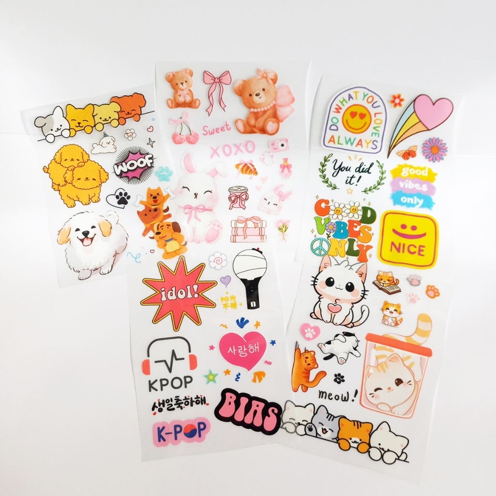 Sticker Sablon Cute K-pop Deco Motif Kucing Anjing Kpop Kawaii Untuk Baju, Tas Topi dll.