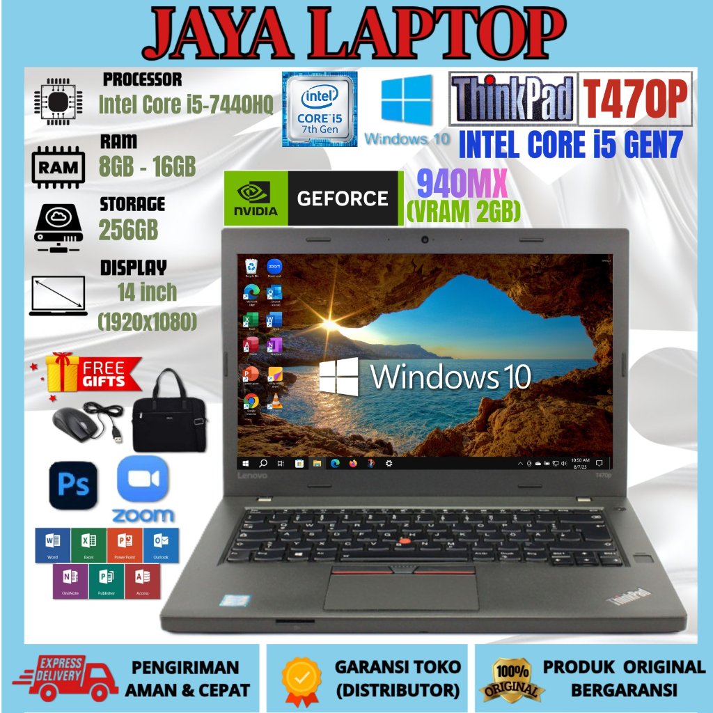 LAPTOP THINKPAD T470P INTEL CORE I5 GEN7 NVIDIA GEFORCE 940MX TOUCHSCREEN RAM 16GB/1TB FREE TAS DAN 