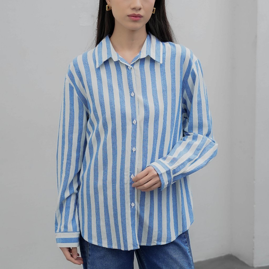 This Is April Ferzetti Top Kemeja Stripe Wanita Lengan Panjang Casual Office Look Blue Dan Pink