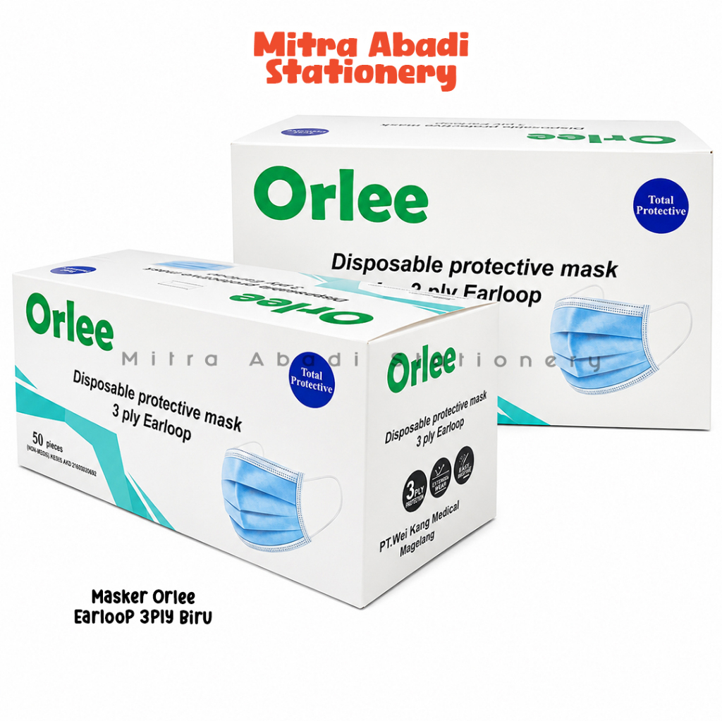 (1 BOX) MASKER ORLEE EARLOOP 3PLY / ORI TALI KUPING CANTOL TELINGA FACE MASK MEDIS PUTIH HITAM BIRU 