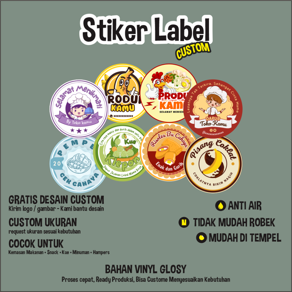 Stiker Label Produk Custom | Logo Makanan Snack Kue Minuman | Label Stiker Bulat