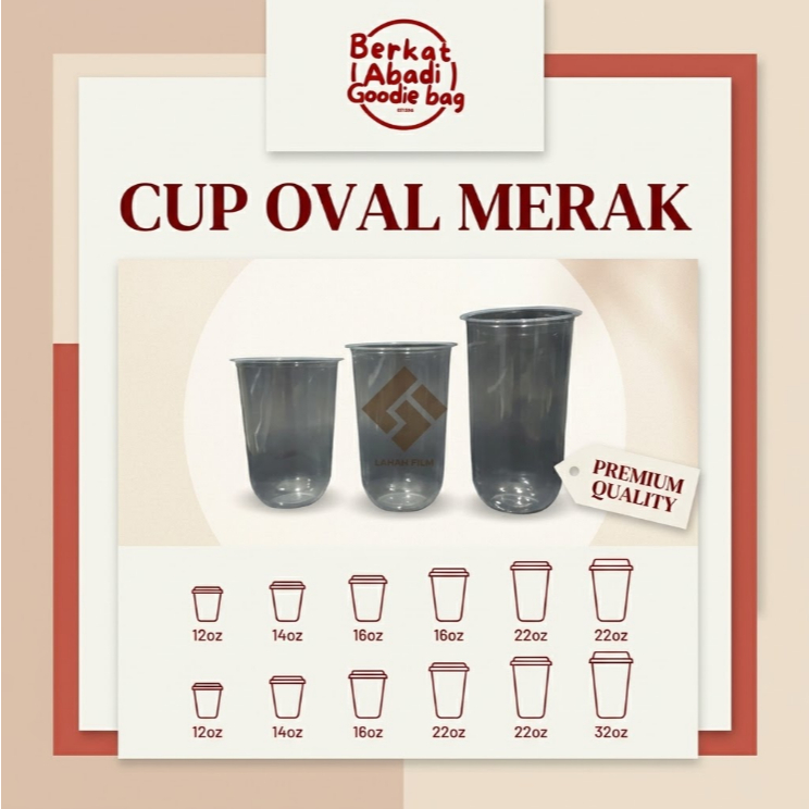 [50 biji] Cup Oval merk merak ukuran 12 / 14 / 16 / 18 / 22 oz / 7gram / 8 gram merak gelas plastik 
