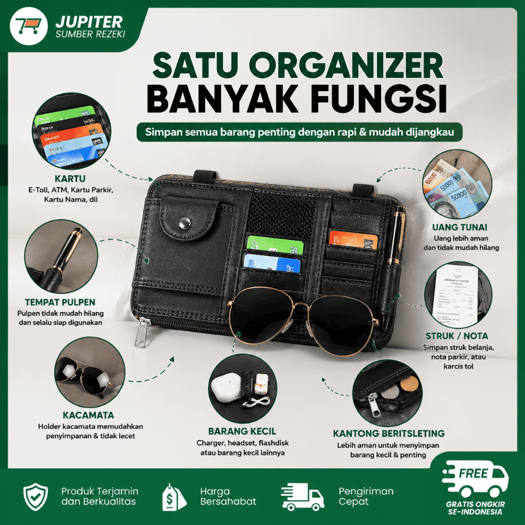 Car Sun Visor Organizer PU Leather Premium Tempat Kartu E-Toll Kacamata Uang Struk Dompet Mobil Mult
