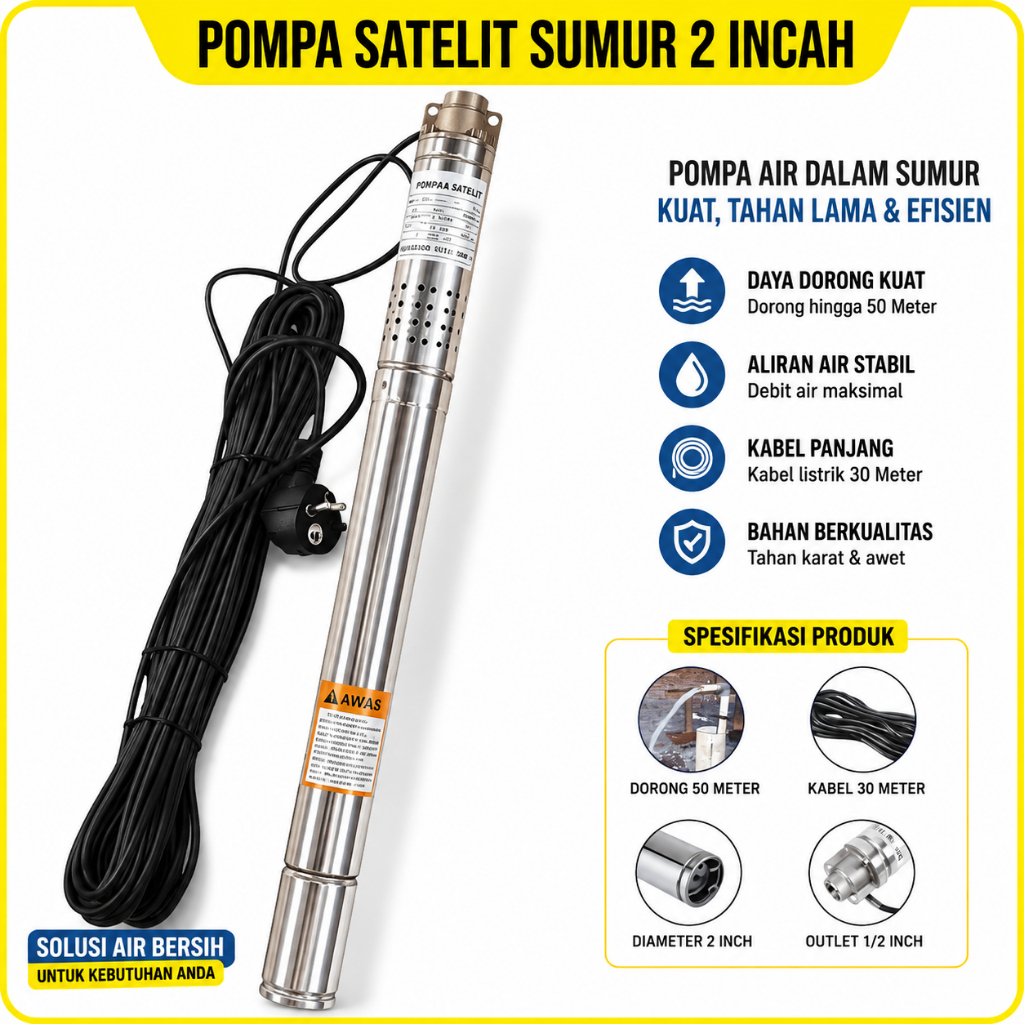 Pompa Sumur Satelit 2 Incah 0.5 HP Daya Dorong 55 Meter Pompa Sumur Bor Kedalaman
