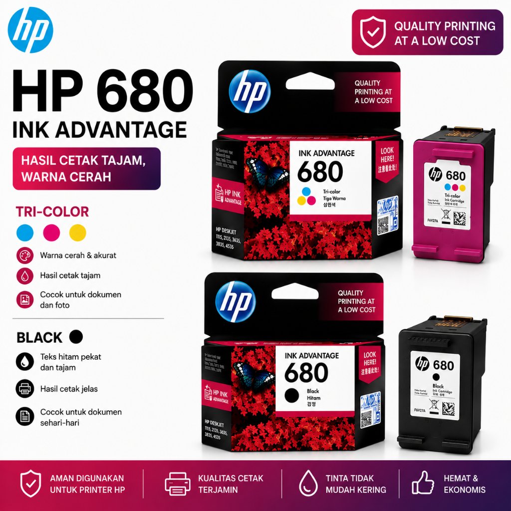 Tinta HP 680 Ink Advantage Cartridge HP 680 Black / Color Tri Color | Tinta Printer HP DeskJet 680