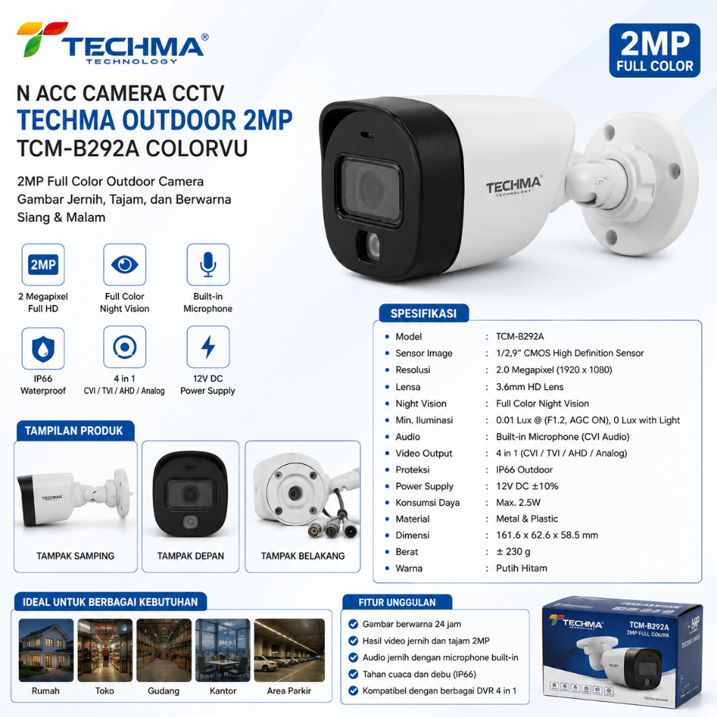 CAMERA CCTV TECHMA OUTDOOR 2MP TCM-B292A COLORVU