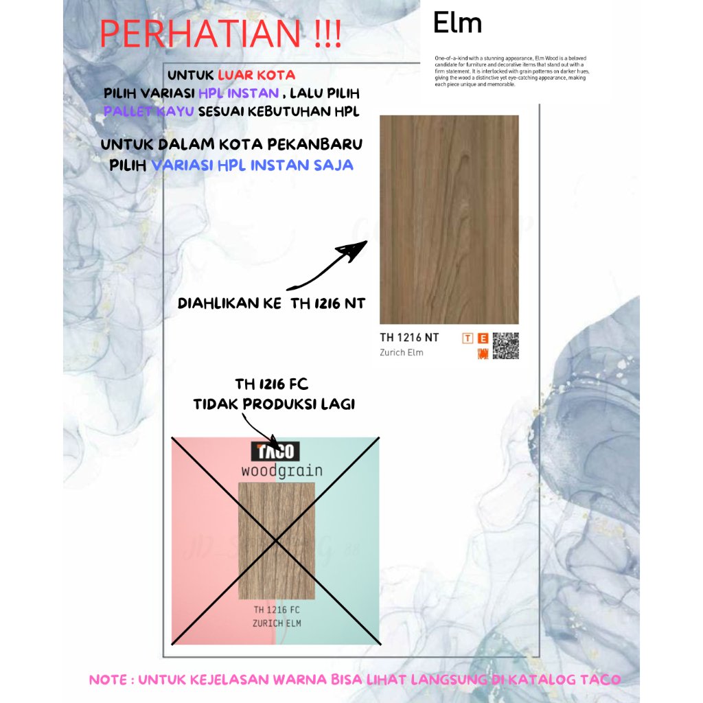 (LUAR KOTA WAJIB PALLET KAYU) HPL TACO WOODGRAIN TH 1216 NT (BACA DESKRIPSI SEBELUM CO)