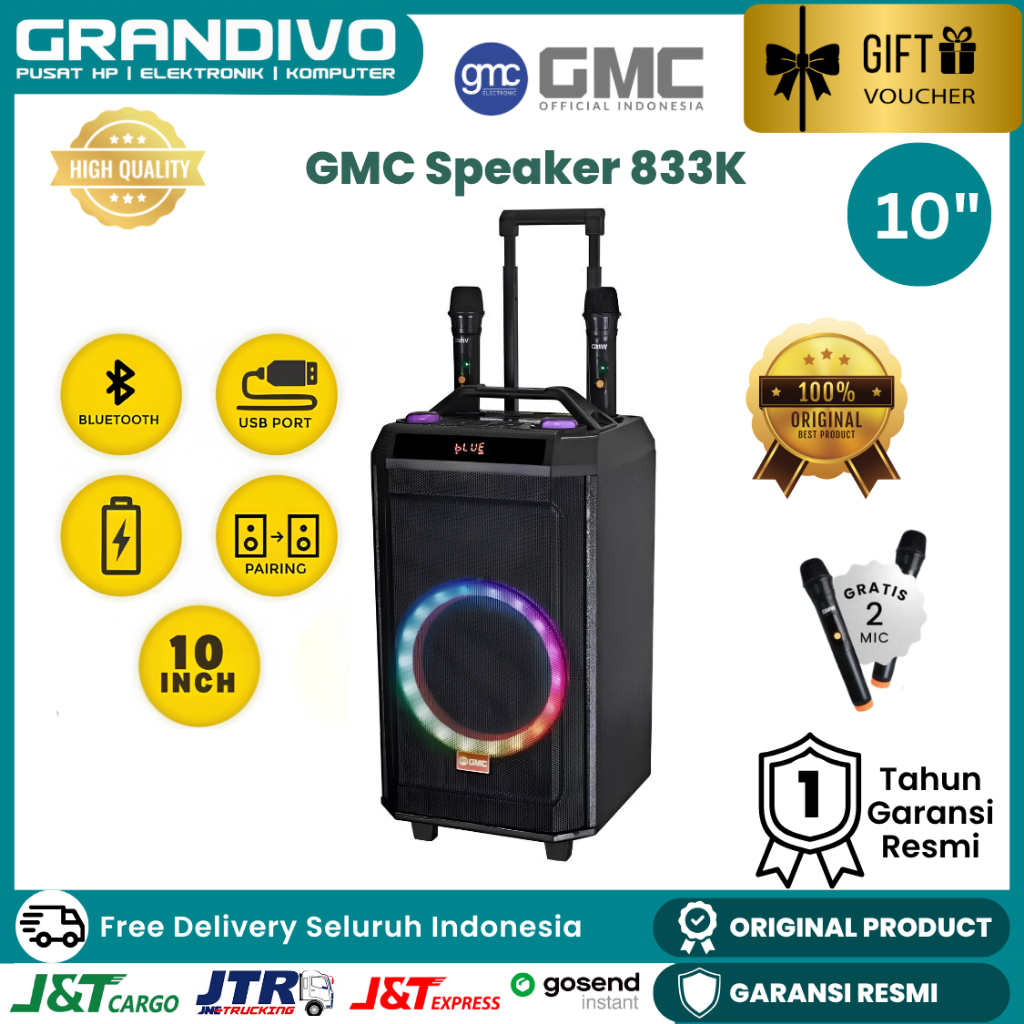 Speaker GMC 883K Speaker Aktif Free Mic Bluetooth Karaoke USB FM Radio Portable Sound System Audio M