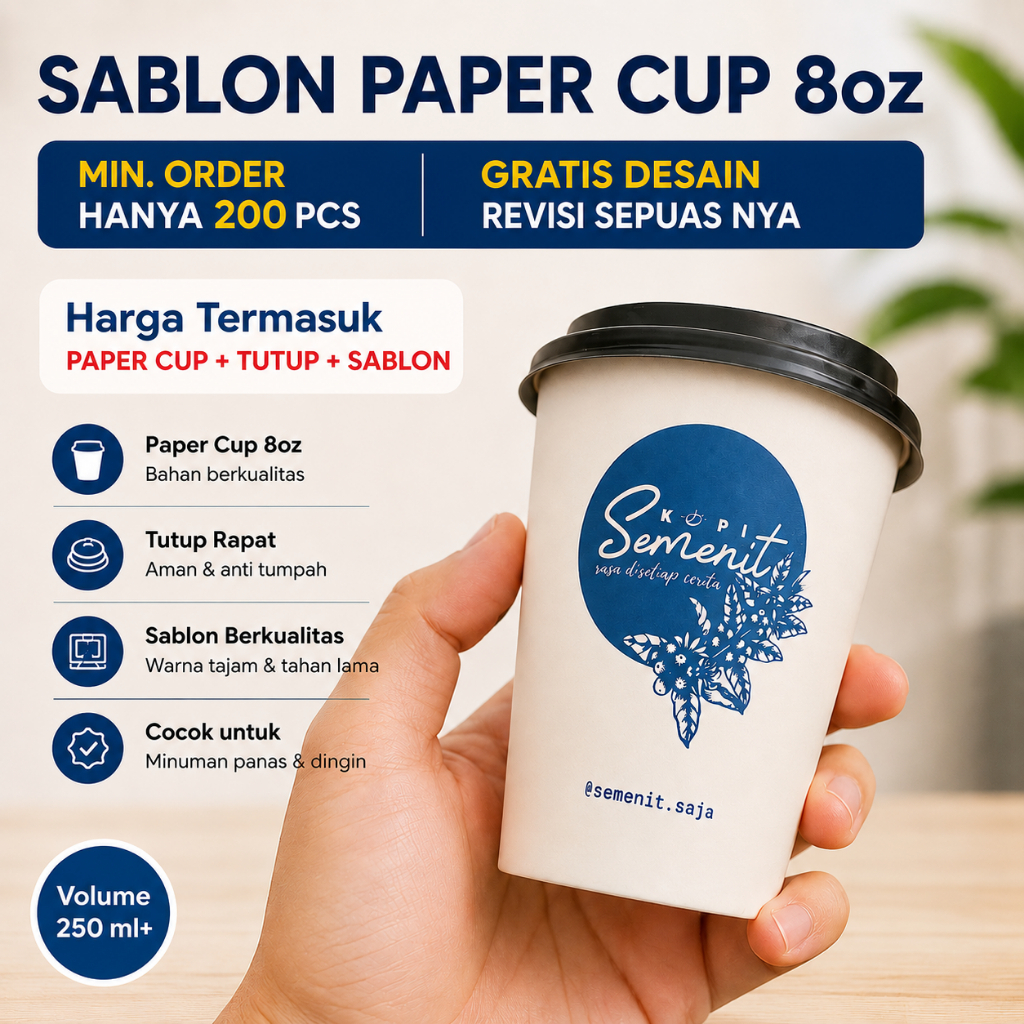 Sablon Paper Cup 8oz 12oz Cetak Logo Custom Cup Kopi Hot Gratis Desain Min. Order 200 pcs