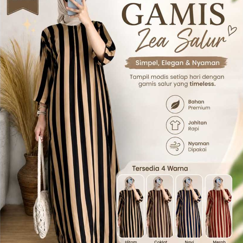 Gamis Zea Salur Motif Garis Hitam Krem Dress Muslim Wanita Simple Elegan Nyaman