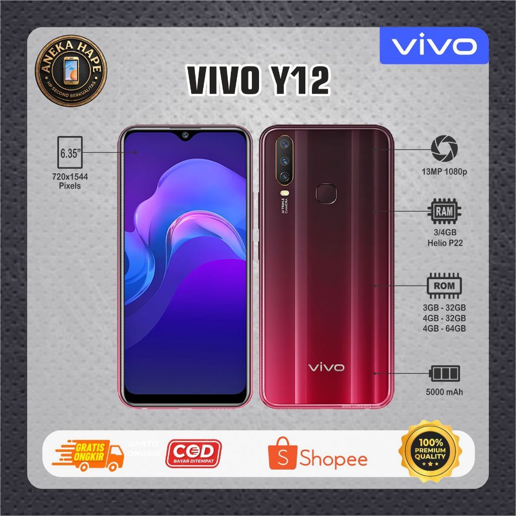 HP VIVO Y12 Second normal siap pakai RAM 3/32GB RAM 4/64GB