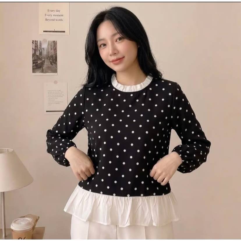 Julia Blouse Wanita Motif Polkadot Atasan Rayon Premium Ruffle Korean Style Vintage Elegan Casual