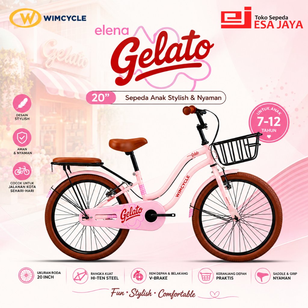 Wimcycle Elena Gelato 20 Inch Sepeda Anak Perempuan CTB Keranjang Depan V-Brake Original
