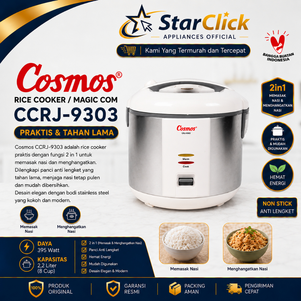 Cosmos Stainless Steel Rice Cooker CRJ 9303 / CRJ9303 / CRJ-9303 [2 L] [Garansi Resmi]