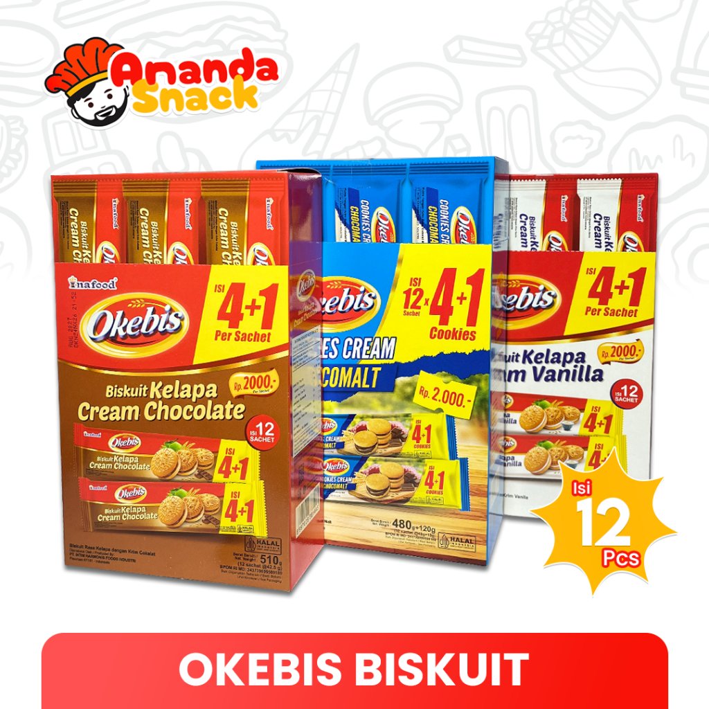 (1 DUS) Okebis Biskuit Kelapa Cream Rasa Chocolate, Vanilla & Chocomalt - Cookies Okebis Isi 6 Box