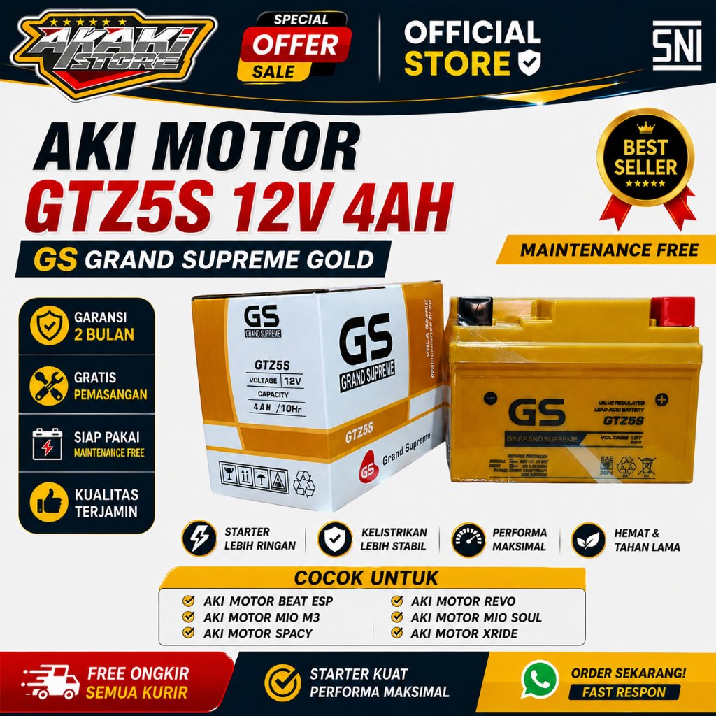 AKI MOTOR GTZ5S BEAT, SPACY, VARIO110, REVO GS 12V.4Ah GS