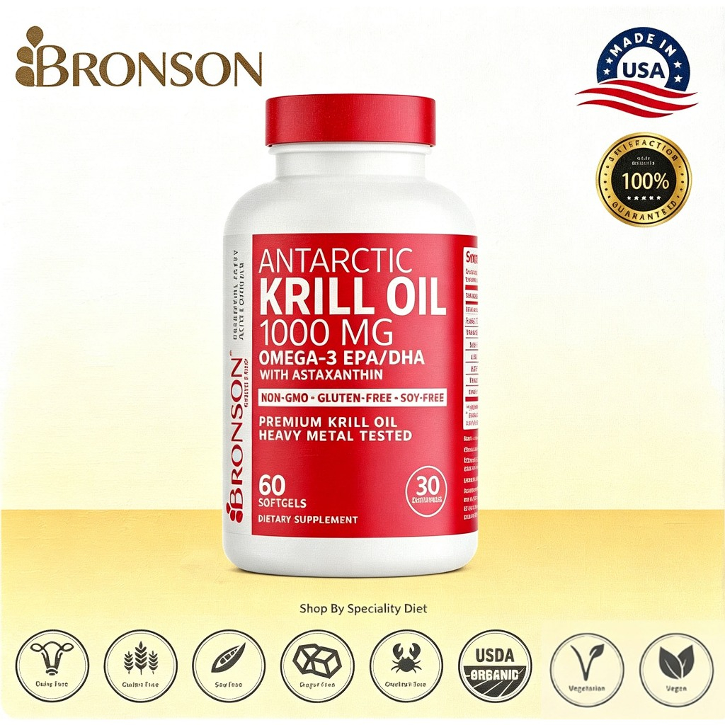 `Bronson Antarctic Krill Oil 1000 mg Omega‑3 EPA DHA with Astaxanthin 60 Softgels Suplemen Makanan` 