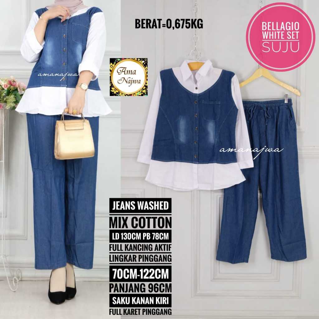 Bellagio Navy Set Suju Setelan Jeans Washed Mix Cotton Jumbo LD 130 LP 122 Celana Kulot Kemeja Kerja