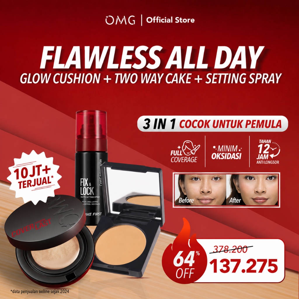 OMG OH MY GLAM Flawless All Day : Cushion, Two Way Cake & Setting Spray  - Tahan Lama & Bebas Crack 