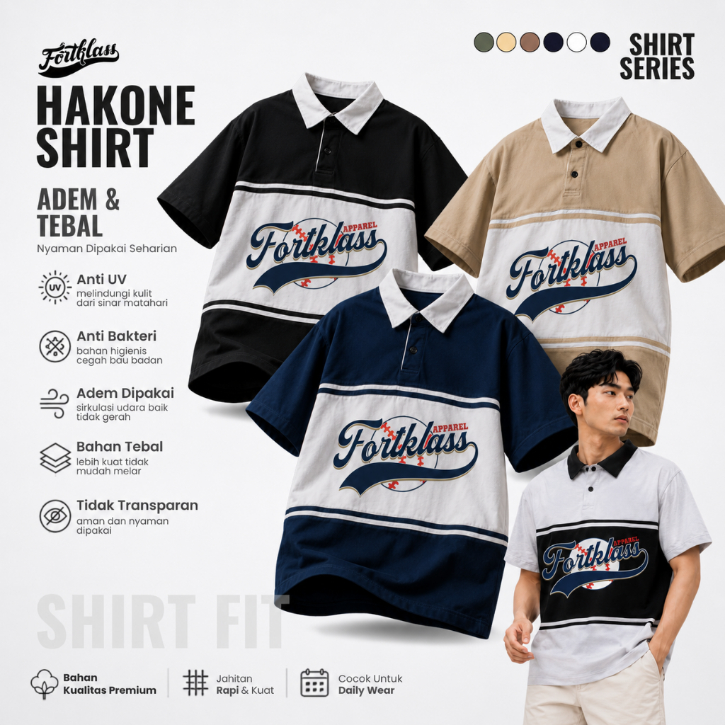 FortKlass Kaos Oversize HAKONE BASEBALL T-Shirt Cowok Premium Kaos Kerah Pria Lengan Pendek Jumbo