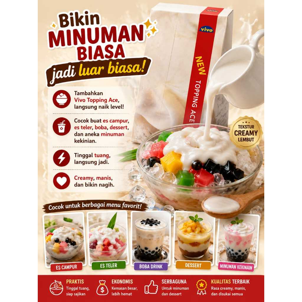 VIVO Topping Ace / Whipping Cream Nabati / Non Dairy - Topping Lembut dan Creamy