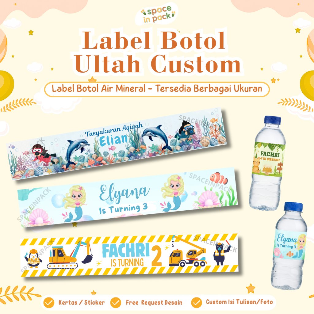 Spaceinpack - Label Botol Ulang Tahun Custom / Sticker Label Botol Air Mineral Ultah Custom