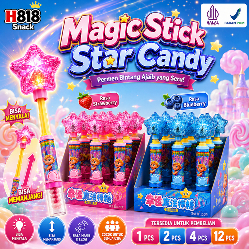 Magic Stick Star Candy– Permen Lolipop Bintang LED Lampu Rasa Buah | Permen Halal Mainan Anak Unik L