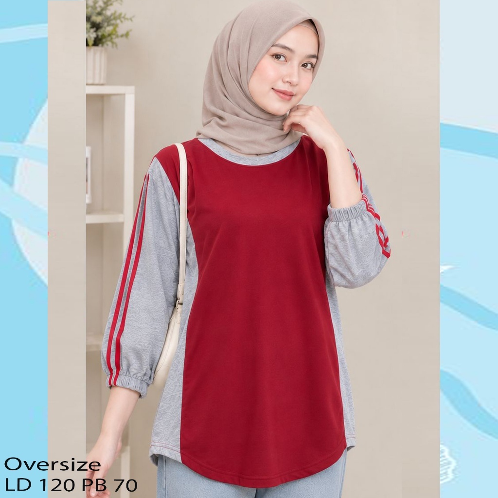 Kaos Oversize / Atasan Wanita Kombinasi / Lengan Karet 7/8 / Lis Lengan Bordir Awet / Hijab