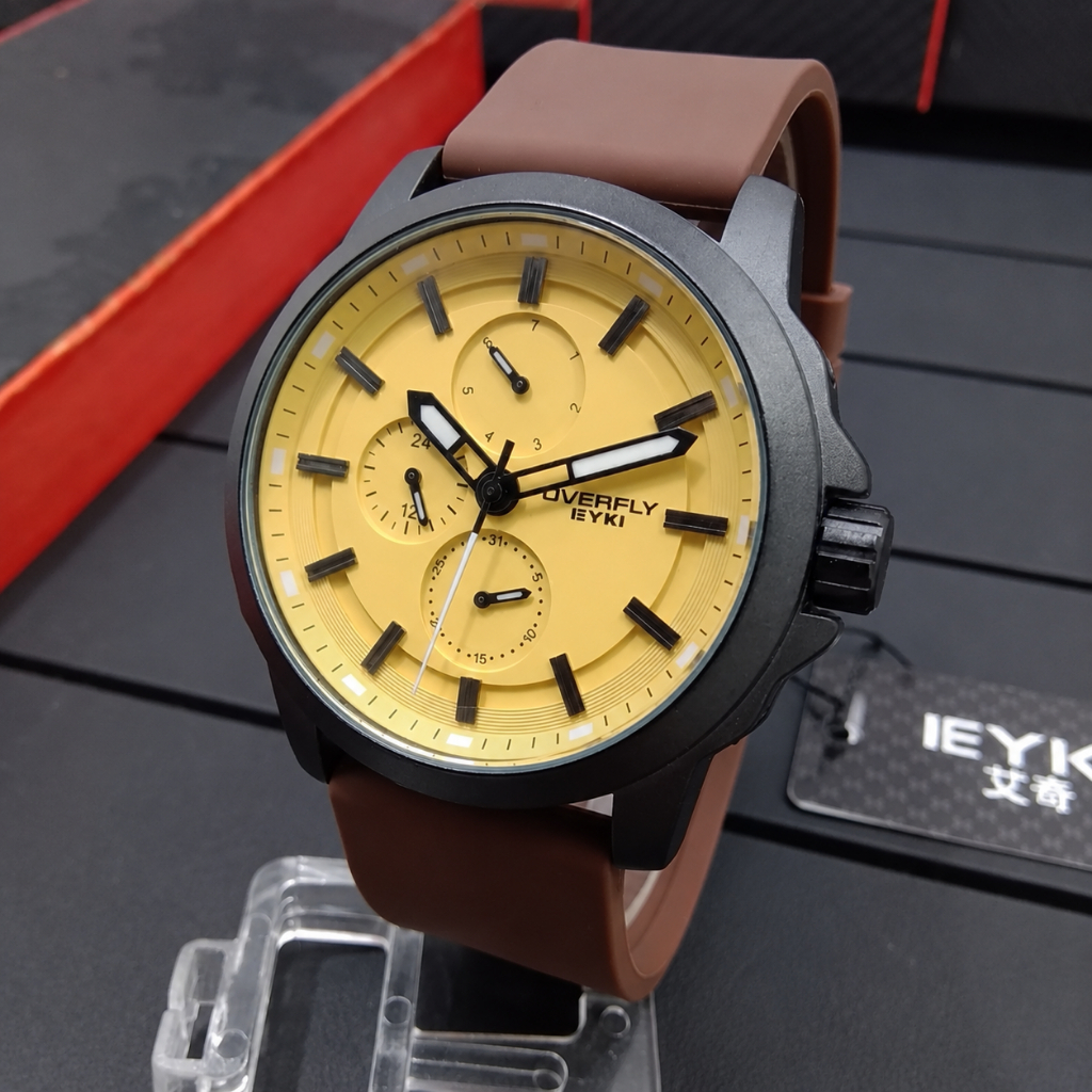 Jam Tangan Pria OVERFLY EYKI Multifungsi Ring Stainless Hitam Tali Karet