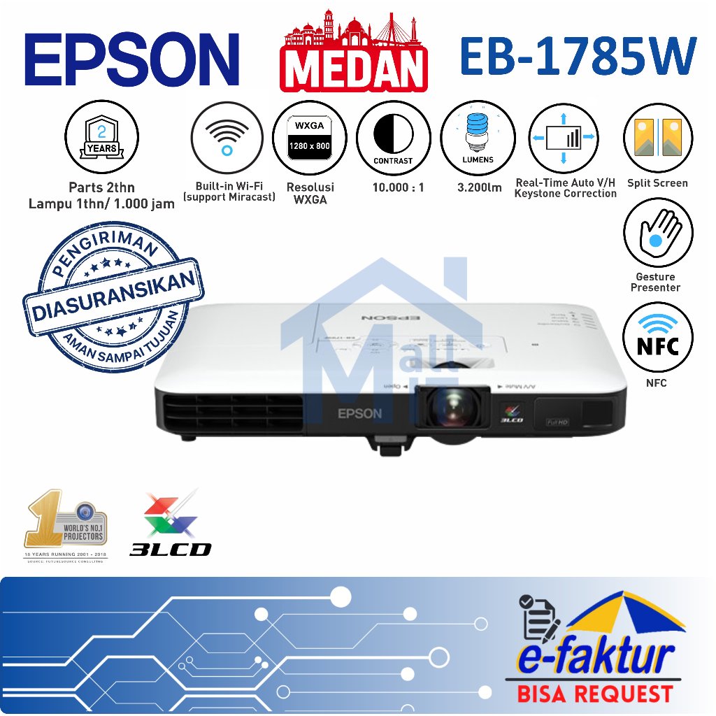 MALLIT EPSON Proyektor Mini Slim EPSON EB1785W Proyektor EPSON EB-1785W EB 1785 W Portable Garansi M