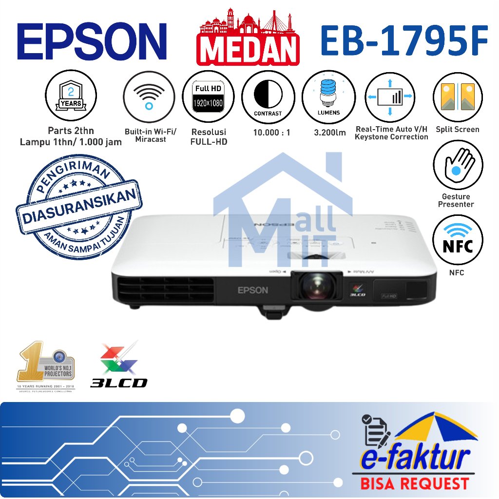 MALLIT EPSON Proyektor Epson EB-1795F 1795F EB1795F Mini Slim Portable Full HD 1080 Resmi Medan